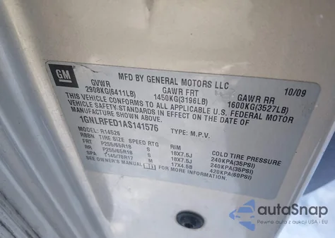 2010 Chevrolet Traverse Lt z USA, uszkodzony, nr VIN 1GNLRFED1AS141576